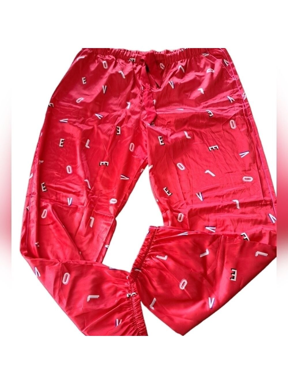 VICTORIA'S SECRET LOVE red silky polyester pj lounge pants pink trim XL